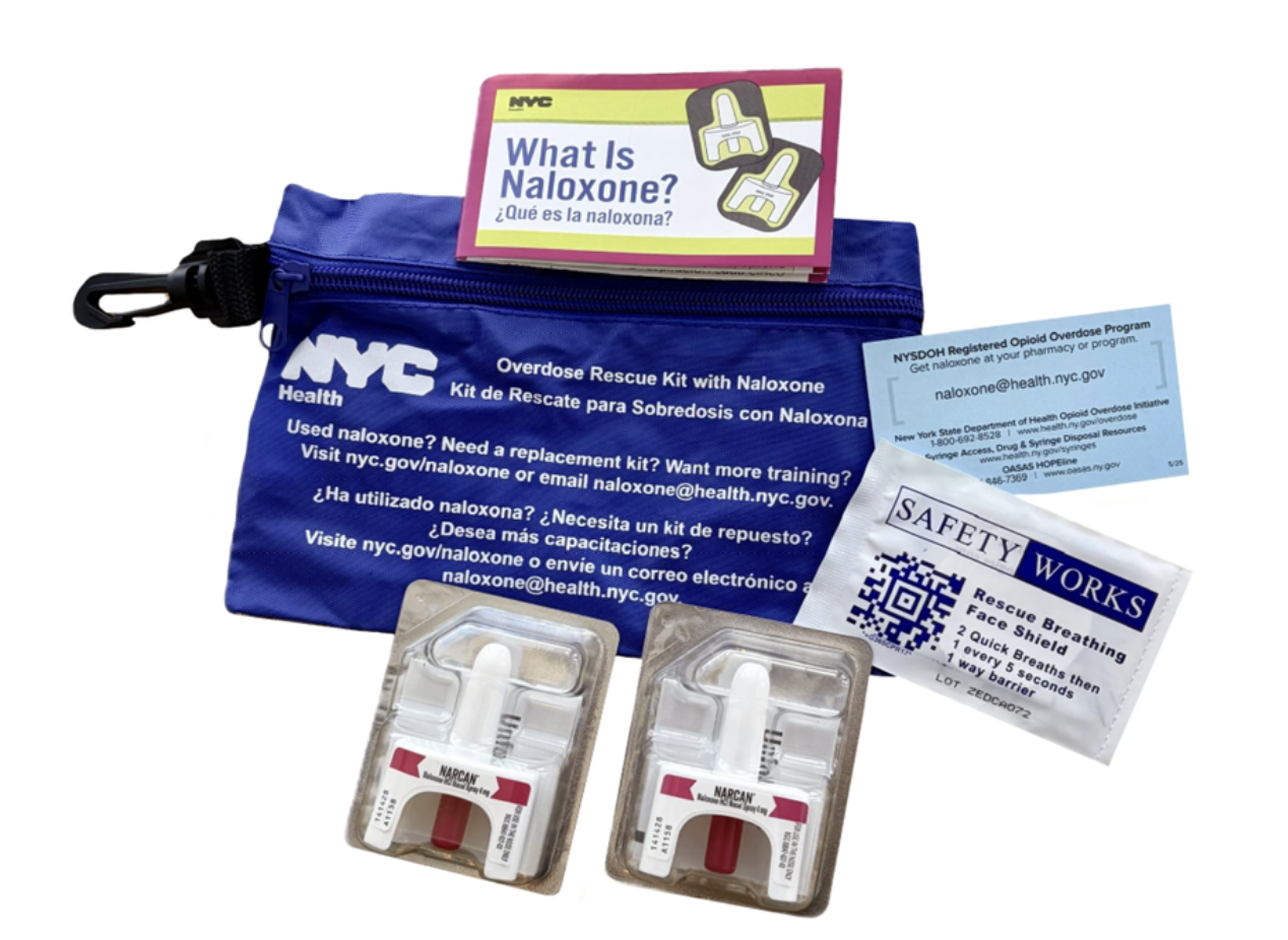 NYC Overdose Rescue Kit with Naloxone including two nasal spray doses, informational card, and safety instructions pouch